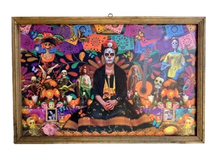 Day Of The Dead Catrina Frida Khalo Paint 36"x24" Wooden Rustic Frame, New - Picture 1 of 2