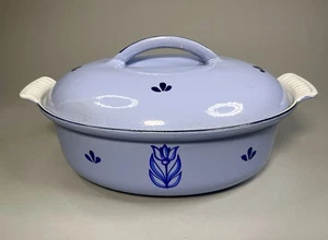 Vintage Dru Holland #28 Casserole Blue Tulip Enamel Cast Iron Dutch Oven Roaster - Picture 1 of 15