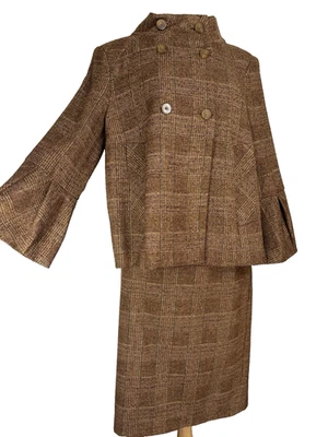 Traje de mujer Doncaster marrón a cuadros talla 16 mezcla de lana tweed swing cuello alto de colección Y2K Foto 1 de 4