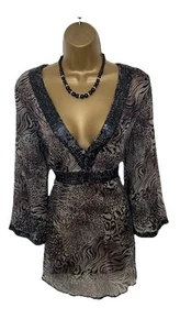 ANIMAL PRINT TUNIC TOP BLOUSE by M&CO UK 16 VGC BLACK CRINKLE CHIFFON SEQUIN ZIP - Picture 1 of 13