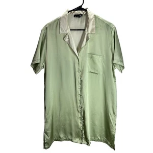 Jones New York Green Satin Shirt Dress L Collared Lounge Quiet Luxury Minimalist - Picture 1 of 8