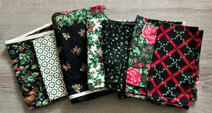 Lot Of 7 Vintage Christmas Fabric Cotton Cranston Print Works Holly Green Black - Picture 1 of 1