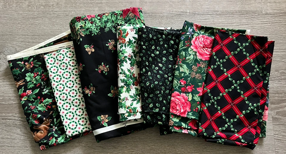 Lot Of 7 Vintage Christmas Fabric Cotton Cranston Print Works Holly Green Black - Image 1 of 1