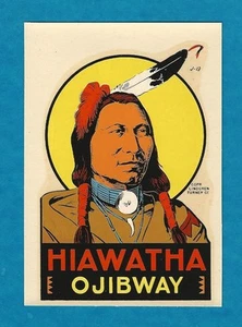 VINTAGE ORIGINAL 1955 SOUVENIR "CHIEF HIAWATHA OJIBWAY" TRAVEL DECAL ART NICE - Picture 1 of 1
