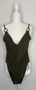 topshop NWT Olive Green Ruched Deep V Plunging Back One Piece SZ 8 Swim Suit F1 - Picture 1 of 9
