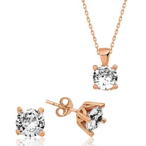 925k Sterlingsilber Elegant Roségold Solitär Ohrring und Halskette Set - Bild 1 von 1