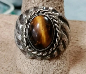 1950s Southwest Navajo Sterling Silver Tigers Eye Ring Signet Size 12.25~16.3g - Picture 1 of 11