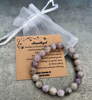 Pulsera AMATISTA ajuste elástico hecha a mano con bolsa de regalo y tarjeta piedras preciosas de cristal 8 mm Foto 1 de 2