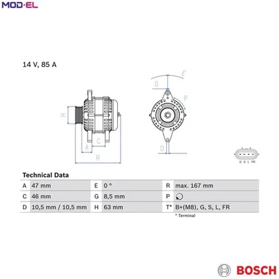 ALTERNATOR 0 986 080 480 FOR MITSUBISHI MIRAGE/VI COLT/Convertible/CZC  SMART - Image 1 of 4