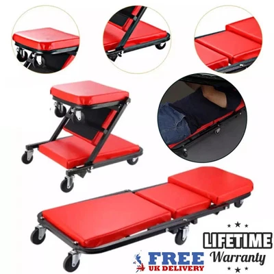 2in1 Mobile Folding Rolling Padded Mechanics Car Creeper Trolley Seat Stool Work - Image 1 of 4
