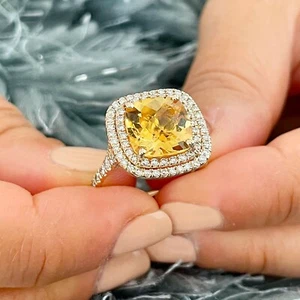 14K Yellow Gold Cushion Yellow Citrine Round Cut Diamond Ring Split Band 4.80ctw - Picture 1 of 10
