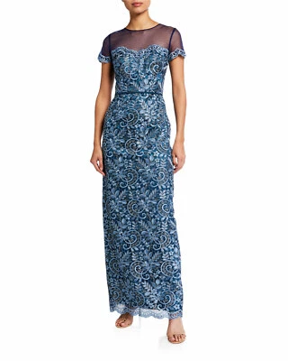 JS COLLECTIONS Blue Silver Metallic Floral Embroidered Sheer Yoke Maxi Gown 10 M - Image 1 of 4
