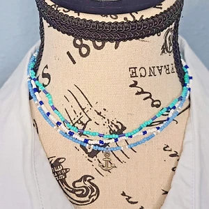 3 Pc Blue, Turquoise & White Seed Bead Choker Necklace Set, 14" - Picture 1 of 8