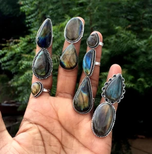Verschiedene auffällige Labradorit Ringe, echte 925 Sterling versilberte Ringe Menge ~ - Bild 1 von 2