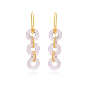 22k yellow gold Rose quartz pink hexagonal modern twist Link earring for women - Picture 1 of 2