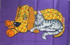 Vintage Linen Chris Bash Tea Towel  20" x 30" Calico Dog and Cat Purple NWT  - Picture 1 of 5