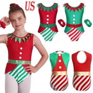 Kids Girls Christmas Dance Costumes Xmas Santa Elf Leotard Gymnastics Dance - Picture 1 of 46