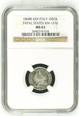 Silver 1868-R XXII Papal Sates Pius IX Italy 10 Soldi | NGC MS63 - Image 1 of 4