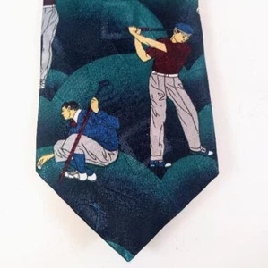 American Sports Golf Golfer Theme Men's Necktie Tie Blue Green Made in USA Golf. - Picture 1 of 5