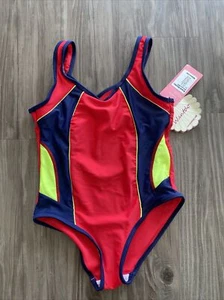 New Girls 6/7 Red/navy/neon Yellow One Piece Bathing Suit - Picture 1 of 6