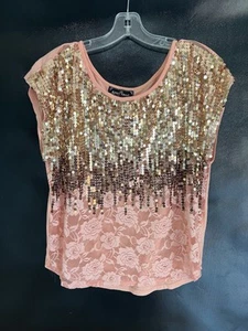Almost Famous rosa rose und gold Pailletten Shirt Top Bluse Gr. L - Bild 1 von 5