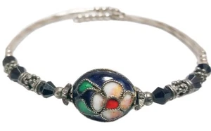 Tibetan Cloissone PINK & BLACK Flower Black Rhinestones Silver CUFF Bracelet  - Picture 1 of 4