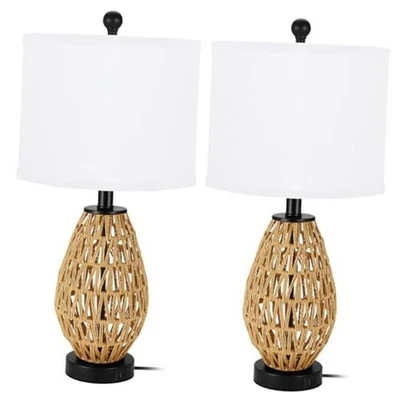 Juego de 2 Lámparas de Mesa Costeras, Lámpara de Mesita de Noche Tejida Retro Ratán 24", para Dormitorio  Foto 1 de 4