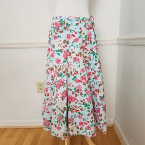 Ann Taylor Wrap Skirt Sz 4 Womens Midi Blue Floral Strawberry Cherry Cottagecore - Picture 1 of 9
