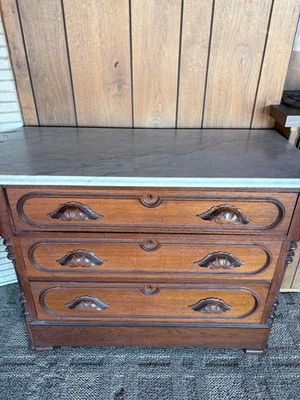 antique marble top dresser cherry wood 3 drawers with key - Image 1 of 4