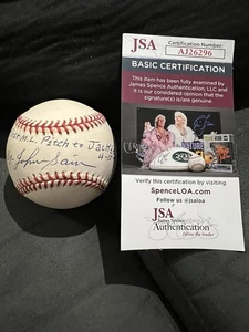 Johnny Sain signed Jackie Robinson Baseball NY Yankees 1st ML Pitch JSA cert - Bild 1 von 6