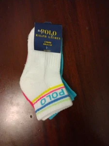 Polo Ralph Lauren Girls 3 Pairs Pony Logo Cotton Crew Socks Size 4-6X Shoe 10-13 - Picture 1 of 5