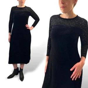 90s Vintage Black Velvet Burnout Midi Dress Long Sleeve Jacqueline Ferrar Grunge - Picture 1 of 7
