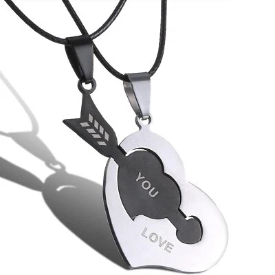 Collana doppio ciondolo LOVE YOU coppia pendenti+laccetto cuore freccia lui&lei - Immagine 1 di 2