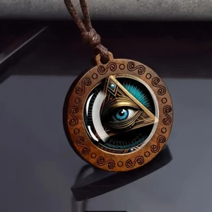 Eye of Providence Jewelry Vintage Look Devil's Evil Eye Wooden Pendant Necklace - Picture 1 of 4