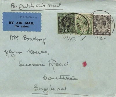 Malaya Straits SINGAPORE Cover Per *DUTCH AIR MAIL* KLM 1935 GB Southsea YC55 - Image 1 of 4