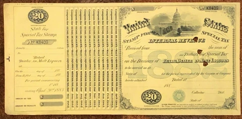 US SPECIAL TAX REVENUE STAMP - 1882 $20 RETAIL DEALER IN MALT LIQUORS - LOOK! Cover