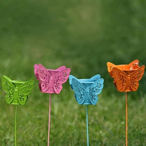 4 x Gartenstecker Gartenstab Windlicht Schmetterlinge bunt Teelichthalter Metall - Bild 1 von 1