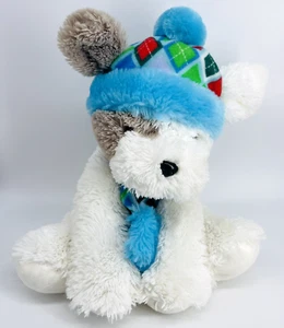 HUGFUN PUPPY DOG STUFFED ANIMAL PLUSH-BLUE ARGYLE PUFF BALL HAT-SCARF-WINTER - Picture 1 of 12