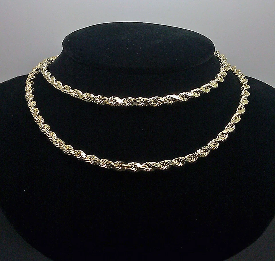 Cadena de cuerda de oro amarillo real de 10K corte diamante 4 mm 19" pulgadas  Foto 1 de 4