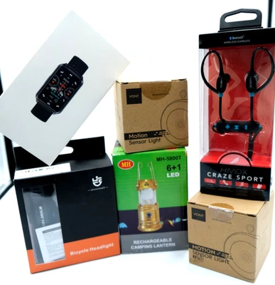 CHRISTMAS LOT MEN  MOTION SENSOR LIGHT,  BICYCLE HEADLIGHT, SMARTWATCH ,EARBUDS - Image 1 of 2