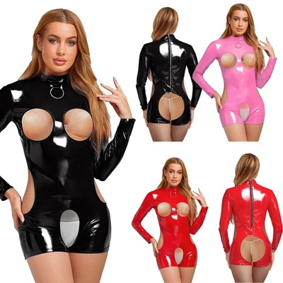 DE Freebily Damen Pu Leder Bodysuit Wetlook Stringbody Body Catsuit Dessous  - Bild 1 von 4
