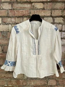 Masscob Cream & Blue Embroidered Cheesecloth Cotton Smock Top Blouse shirt M 12 - Picture 1 of 18