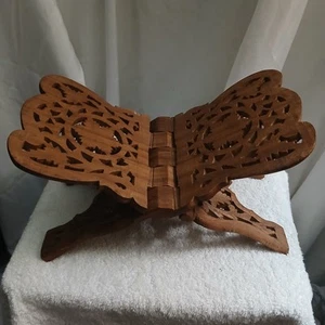 Vtg Hand Carved Wood Foldable Prayer Book Holder Stand Rack Made/India Read - Picture 1 of 15