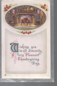 Antique Thanksgiving Postcard, Colonial Hearth & flags, patriotic, saying, 1915 - Picture 1 of 2