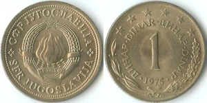 Yugoslavia 1975 1 Dinar KM# 59 Ni-Brass Socialist Republic Arms Torches Stars - Picture 1 of 3