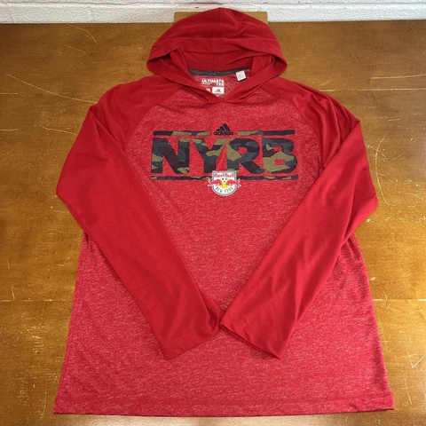 New York Red Bulls Shirt Mens Large Red Hooded Long Sleeve MLS Soccer Adidas Cover