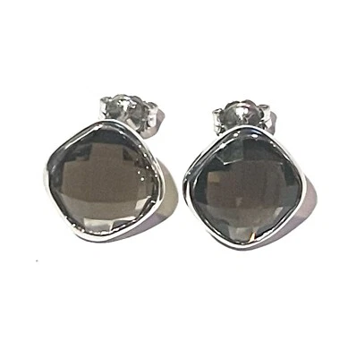 925 sterling silver Natural Gemstone earrings Checkerboard smoky quartz 4g bezel - Image 1 of 4