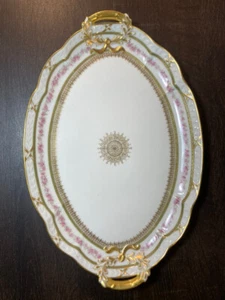 Antike GDA Limoges Frankreich rosa Rosengriff ovale Platte Goldrand - Bild 1 von 9