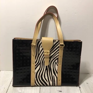 Arcadia Patent Leather Logo Embossed Zebra Print Calf Hair Tote Bag Italy - Picture 1 of 11