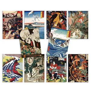 Ensemble de 10 cartes postales art japonais Ukiyo-e collection monstre samouraï Hokusai